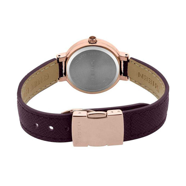 CASIO SHEEN SHE-3034GL-7A2UDF QUARTZ ROSE GOLD STAINLESS STEEL PURPLE LEATHER STRAP WOMEN'S WATCH - H2 Hub Watches