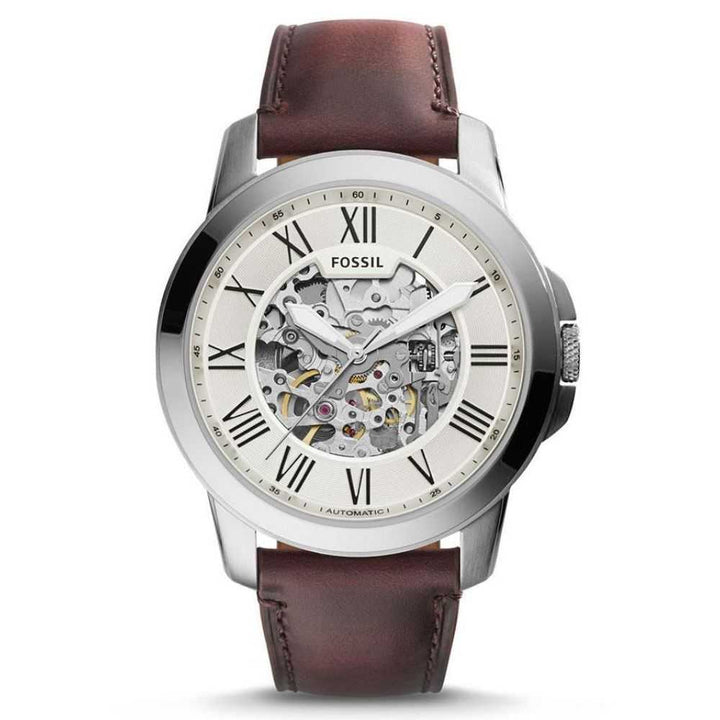 FOSSIL GRANT AUTOMATIC SILVER STAINLESS STEEL ME3099 BROWN LEATHER STRAP MEN'S WATCH - H2 Hub Watches