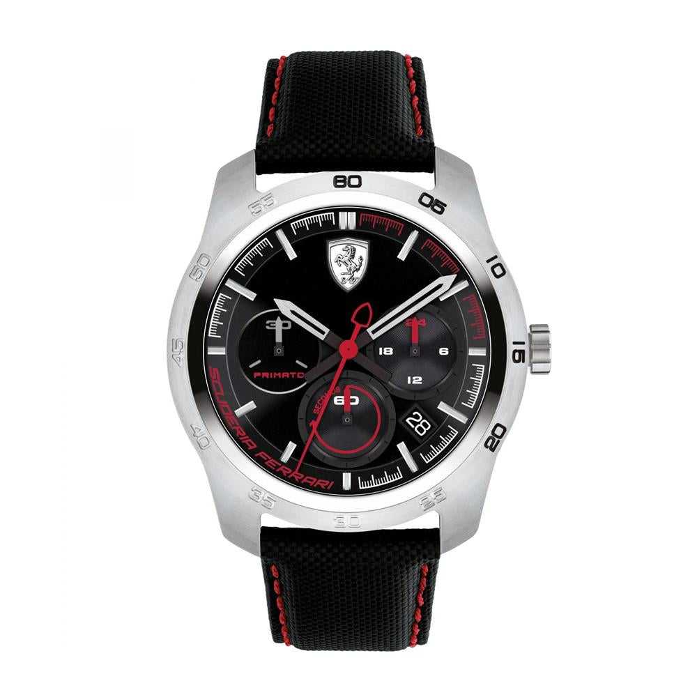 FERRARI SCUDERIA PRIMATO CHRONOGRAPH SILVER STAINLESS STEEL 0830444 BLACK LEATHER STRAP MEN'S WATCH - H2 Hub Watches