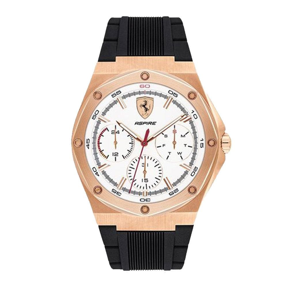 FERRARI ASPIRE ANALOG QUARTZ ROSE GOLD STAINLESS STEEL 830555 BLACK SILICONE STRAP MEN'S WATCH - H2 Hub Watches