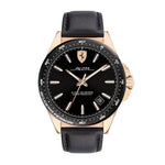 FERRARI SCUDERIA PILOTA ANALOG QUARTZ GOLD STAINLESS STEEL 830522 BLACK LEATHER STRAP MEN'S WATCH - H2 Hub Watches