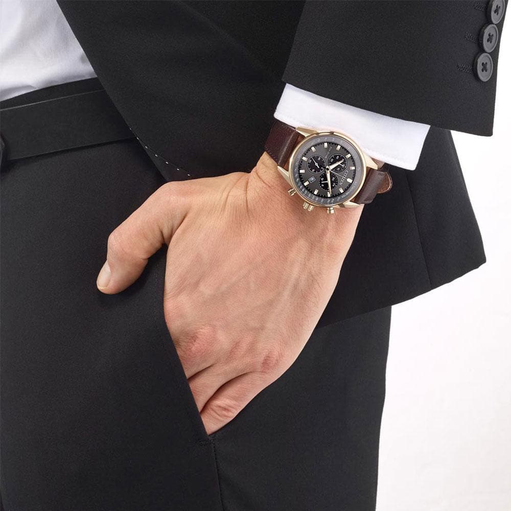 CITIZEN AT2393-17H ECO DRIVE BROWN LEATHER STRAP MEN'S WATCH - H2 Hub Watches