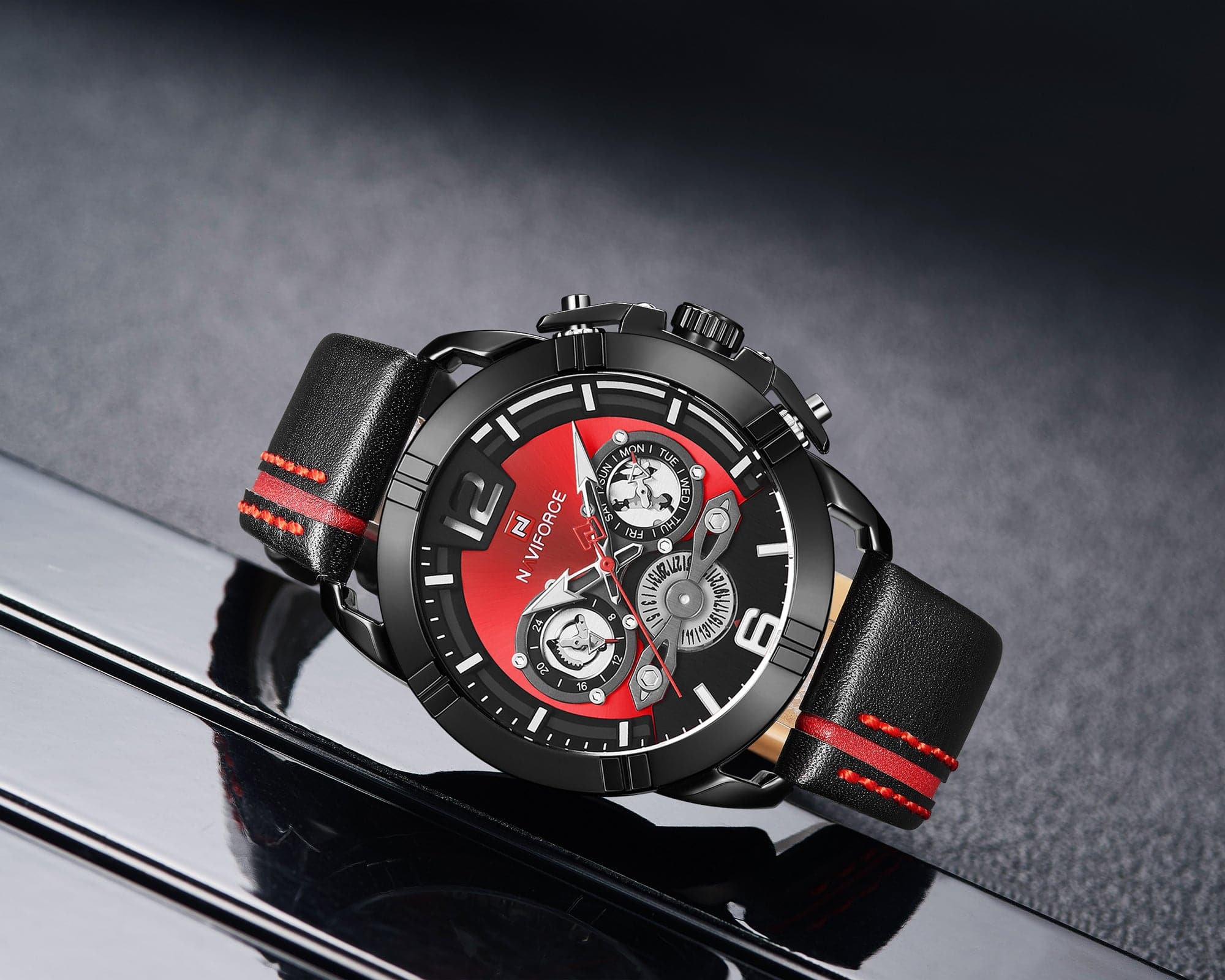 NAVIFORCE ANALOG NF9168 B/R/B STAINLESS STEEL CHRONOGRAPH QUARTZ MEN'S WATCH - H2 Hub Watches