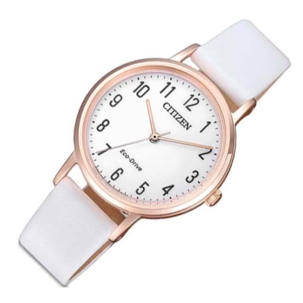 CITIZEN EM0579-14A ECO-DRIVE ROSE GOLD STAINLESS STEEL WHITE LEATHER STRAP WOMEN'S WATCH - H2 Hub Watches