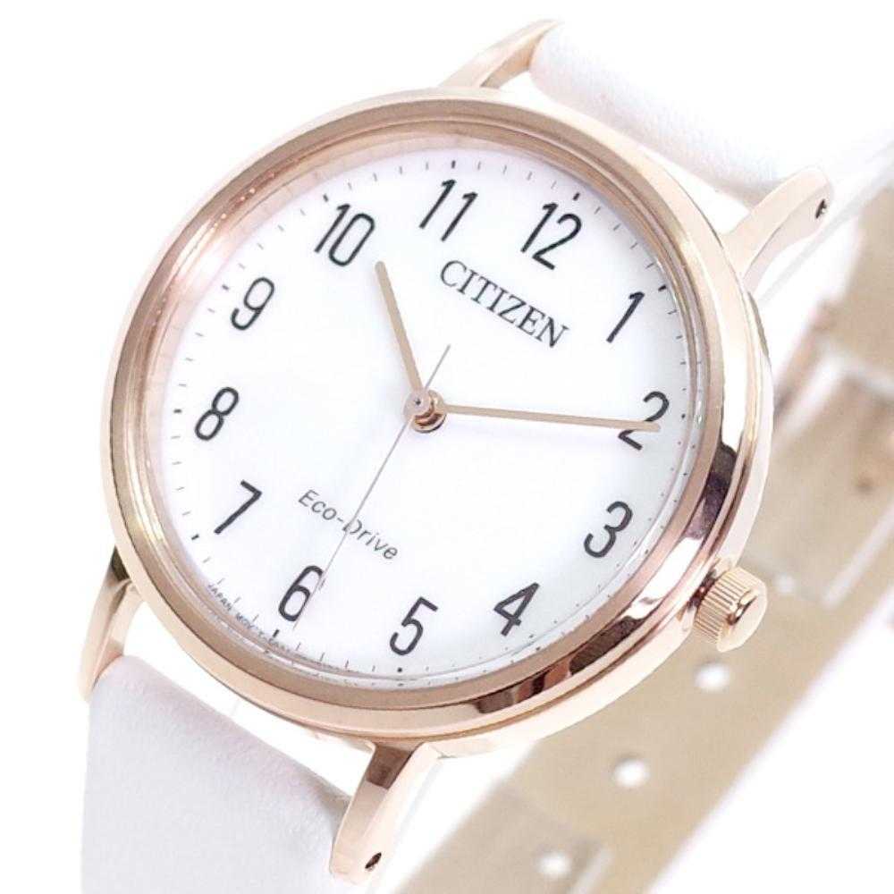 CITIZEN EM0579-14A ECO-DRIVE ROSE GOLD STAINLESS STEEL WHITE LEATHER STRAP WOMEN'S WATCH - H2 Hub Watches