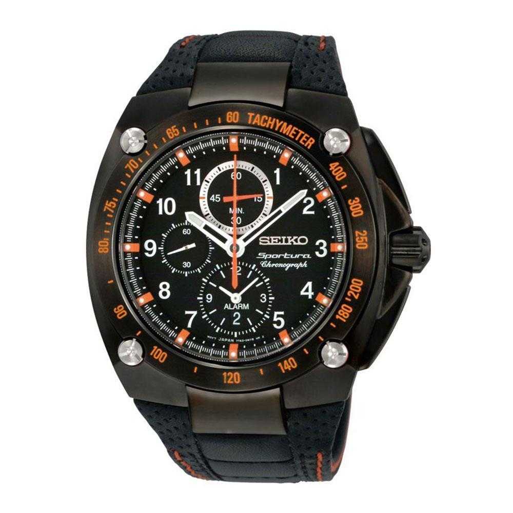SEIKO GENERAL SPORTURA SNAE37P1 CHRONOGRAPH BLACK LEATHER STRAP MEN'S WATCH - H2 Hub Watches