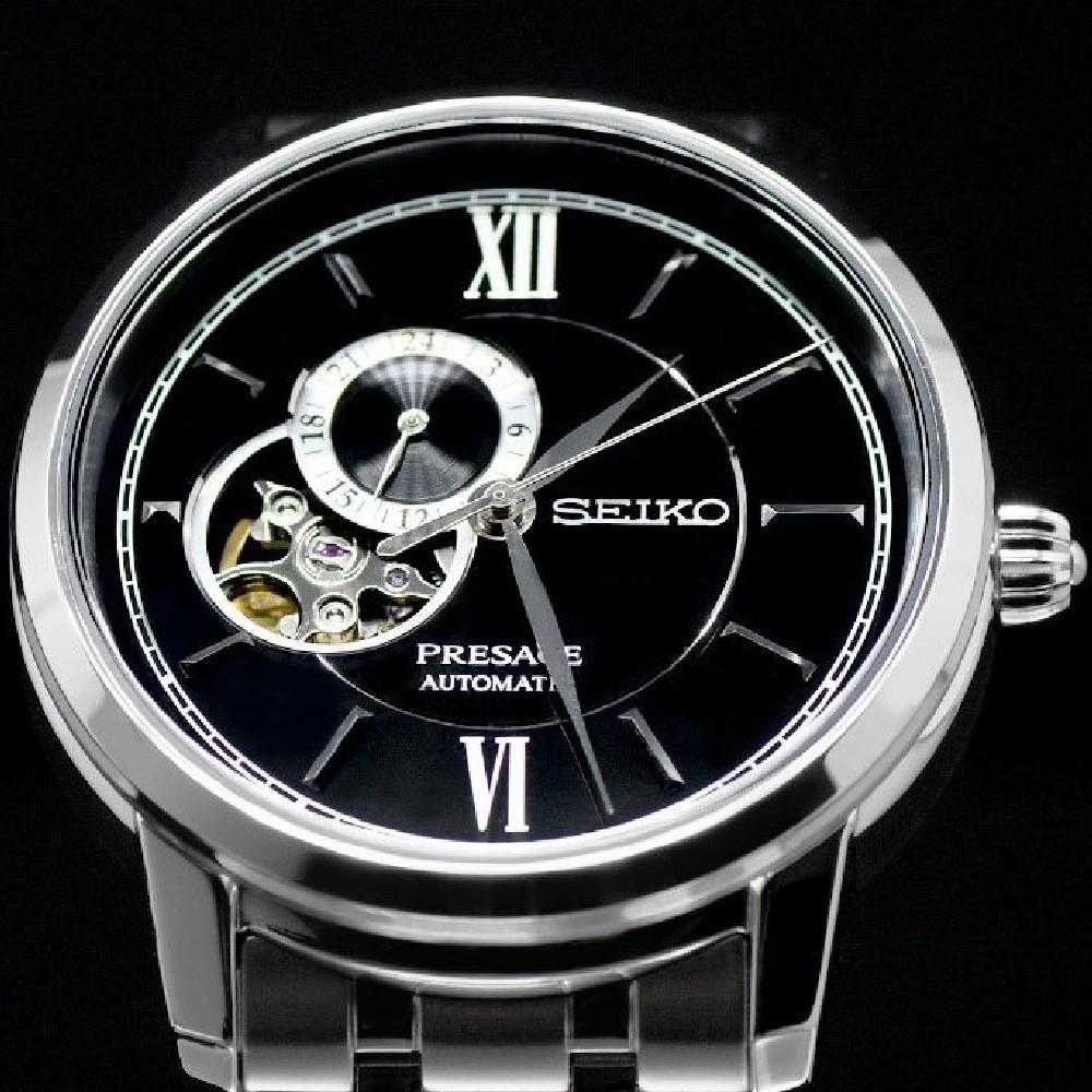 SEIKO PRESAGE SSA367J1 AUTOMATIC OPEN HEART BLACK STAINLESS STEEL MEN'S SILVER WATCH - H2 Hub Watches
