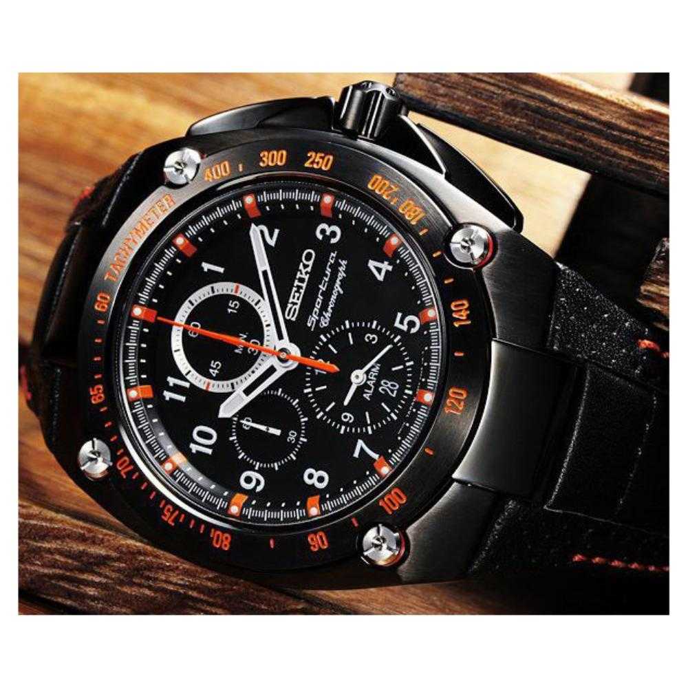 SEIKO GENERAL SPORTURA SNAE37P1 CHRONOGRAPH BLACK LEATHER STRAP MEN'S WATCH - H2 Hub Watches