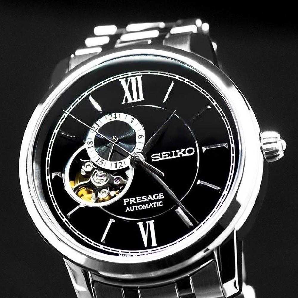 SEIKO PRESAGE SSA367J1 AUTOMATIC OPEN HEART BLACK STAINLESS STEEL MEN'S SILVER WATCH - H2 Hub Watches