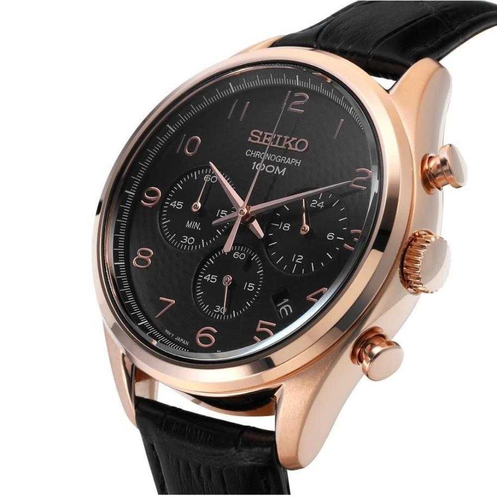 SEIKO GENERAL SSB296P1 CHRONOGRAPH MEN'S BLACK LEATHER STRAP WATCH - H2 Hub Watches