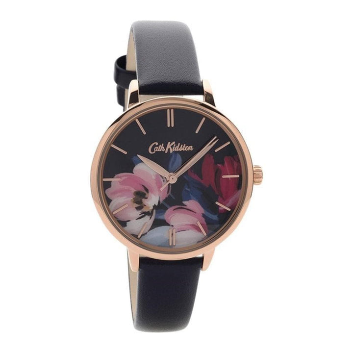 CATH KIDSTON QUARTZ PAINTBOX FLOWERS ROSE GOLD ALLOY CKL050URG NAVY LEATHER STRAP LADIES WATCH - H2 Hub Watches