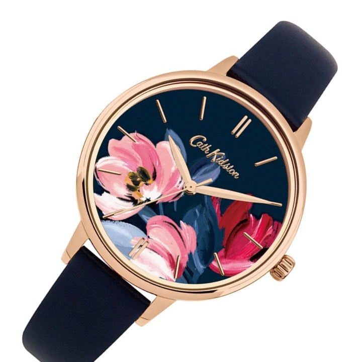 CATH KIDSTON QUARTZ PAINTBOX FLOWERS ROSE GOLD ALLOY CKL050URG NAVY LEATHER STRAP LADIES WATCH - H2 Hub Watches