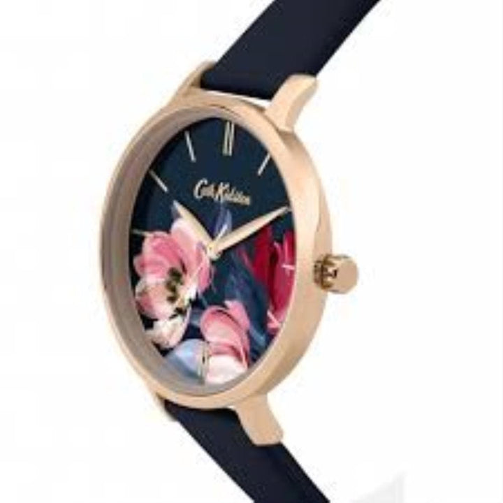 CATH KIDSTON QUARTZ PAINTBOX FLOWERS ROSE GOLD ALLOY CKL050URG NAVY LEATHER STRAP LADIES WATCH - H2 Hub Watches