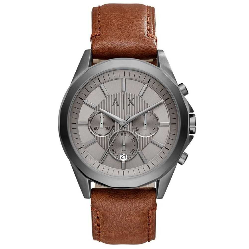 ARMANI EXCHANGE CHRONOGRAPH GUNMETAL STAINLESS STEEL AX2605 BROWN LEATHER STRAP MEN'S WATCH - H2 Hub Watches