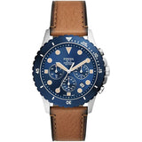 FOSSIL FS5914 FB-01 STAINLESS STEEL QUARTZ BLUE DIAL CHRONOGRAPH BROWN LEATHER MEN'S WATCH