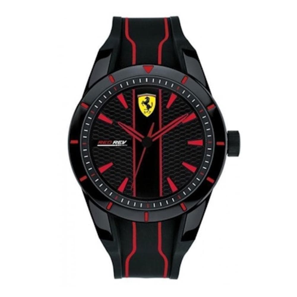 FERRARI SCUDERIA REDREV ANALOG QUARTZ BLACK PLASTIC 0870021 SILICONE STRAP MEN'S WATCH - H2 Hub Watches