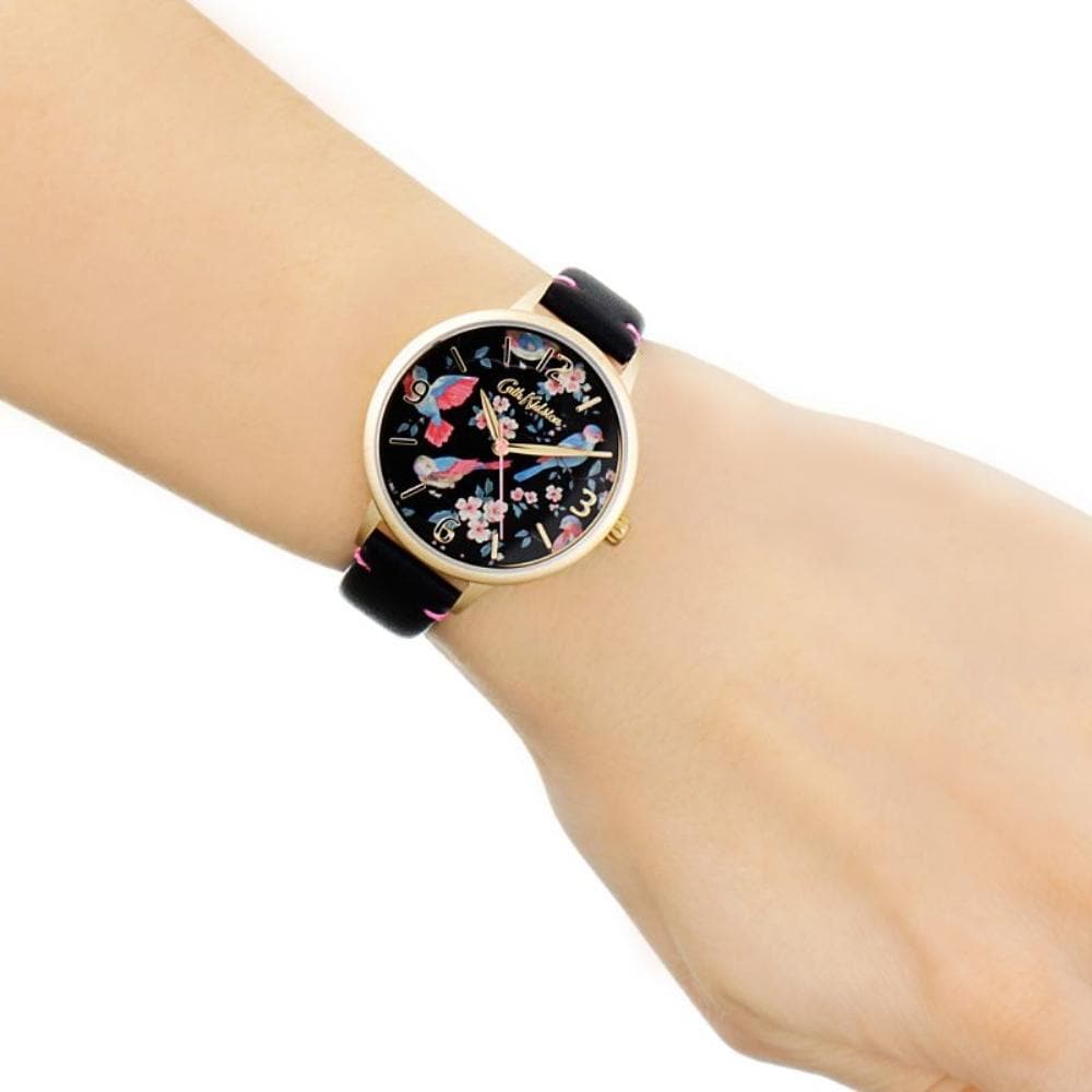 CATH KIDSTON QUARTZ BRITISH BIRDS GOLD ALLOY CKL001BG BLACK LEATHER STRAP LADIES WATCH - H2 Hub Watches