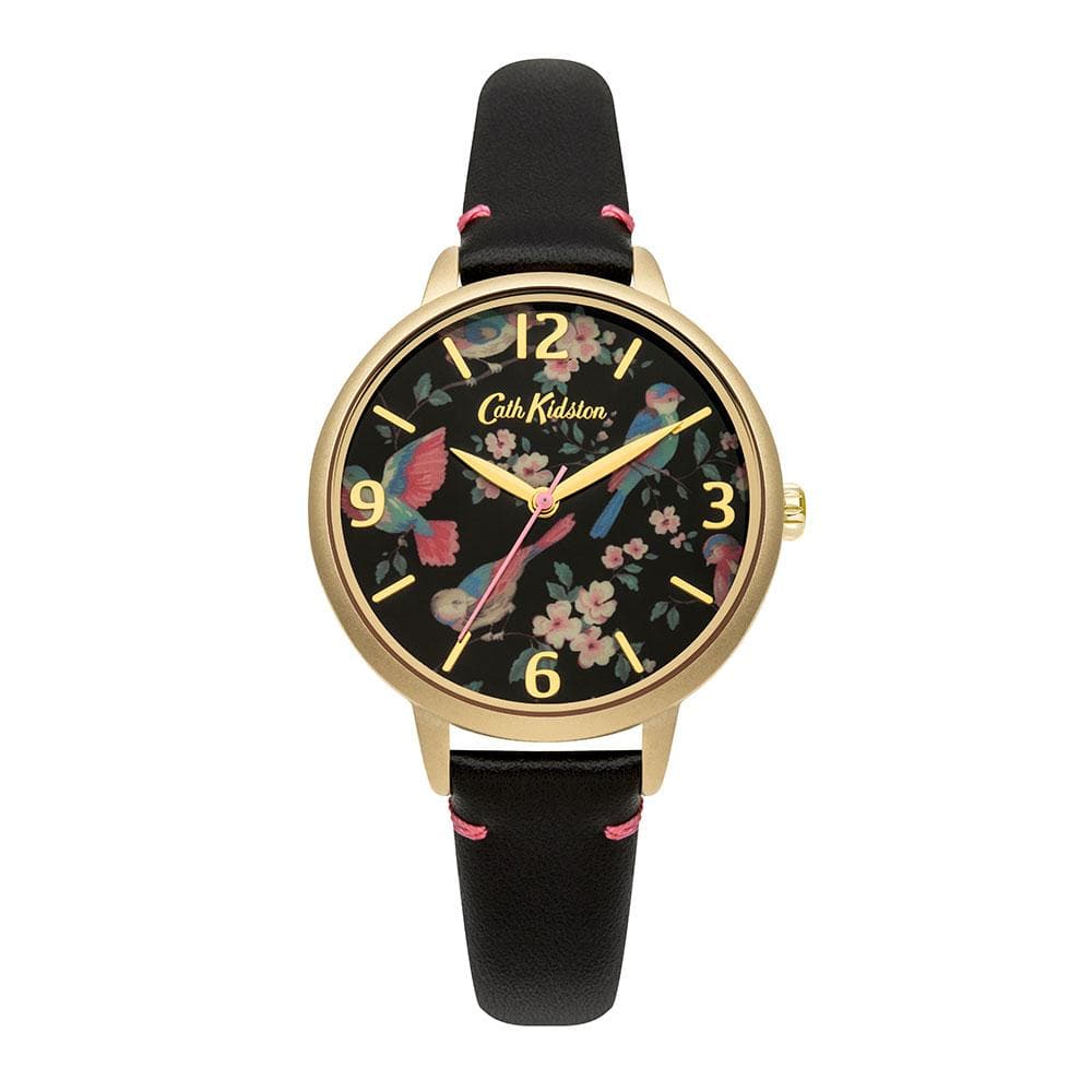 CATH KIDSTON QUARTZ BRITISH BIRDS GOLD ALLOY CKL001BG BLACK LEATHER STRAP LADIES WATCH - H2 Hub Watches