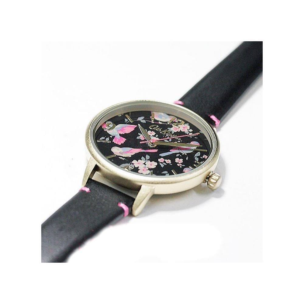 CATH KIDSTON QUARTZ BRITISH BIRDS GOLD ALLOY CKL001BG BLACK LEATHER STRAP LADIES WATCH - H2 Hub Watches
