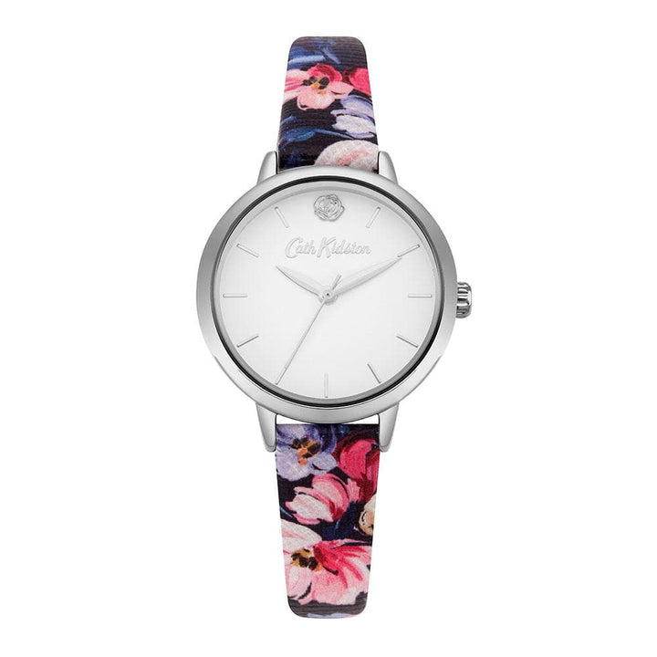 CATH KIDSTON PAINTBOX FLOWERS SILVER ALLOY CKL064U NAVY LEATHER STRAP LADIES WATCH - H2 Hub Watches