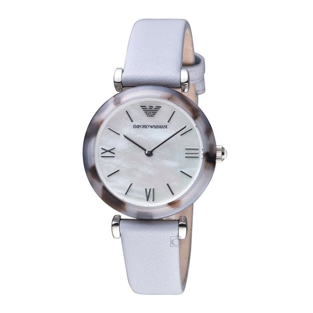 EMPORIO ARMANI ANALOG QUARTZ SILVER TORTOISESHELL AR11002 GREY LEATHER STRAP WOMEN’S WATCH - H2 Hub Watches