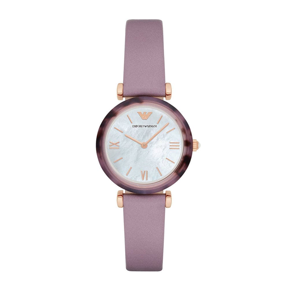 EMPORIO ARMANI ANALOG QUARTZ ROSE GOLD TORTOISESHELL AR11003 PURPLE LEATHER STRAP WOMEN’S WATCH - H2 Hub Watches
