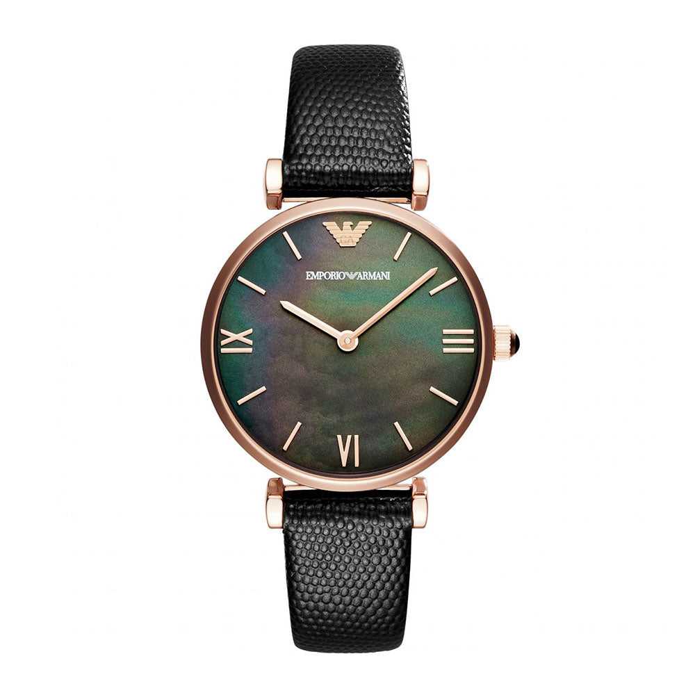 EMPORIO ARMANI ANALOG QUARTZ ROSE GOLD STAINLESS STEEL AR11060 BLACK LEATHER STRAP WOMEN’S WATCH - H2 Hub Watches