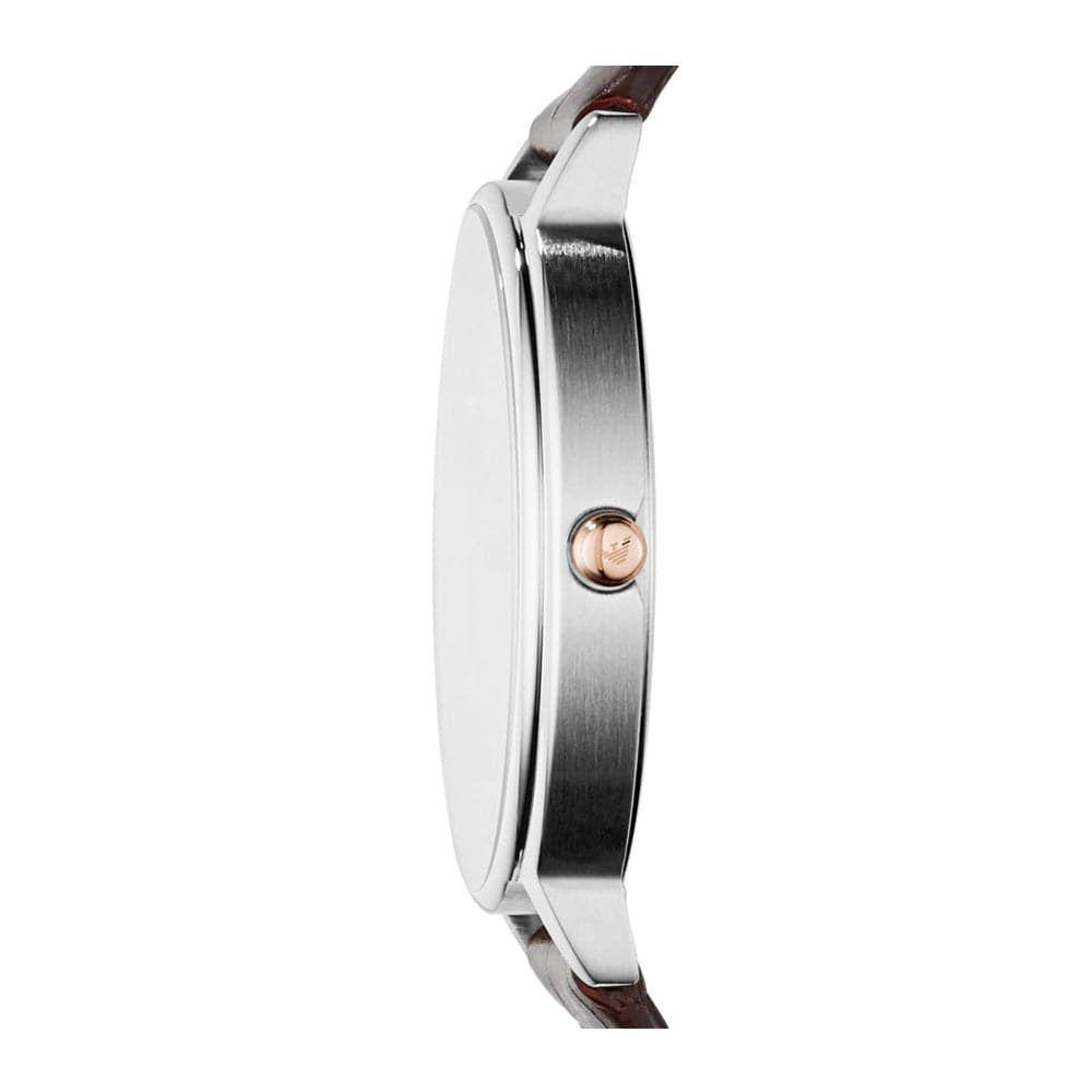 EMPORIO ARMANI ANALOG QUARTZ SILVER STAINLESS STEEL AR11063 BROWN LEATHER STRAP WOMEN'S WATCH - H2 Hub Watches