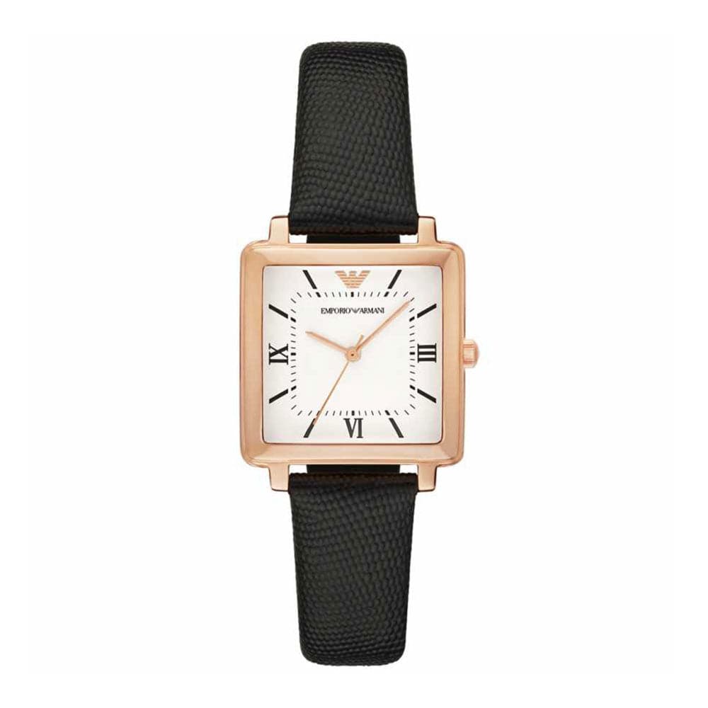 EMPORIO ARMANI ANALOG QUARTZ ROSE GOLD STAINLESS STEEL AR11067 BLACK LEATHER STRAP WOMEN’S WATCH - H2 Hub Watches