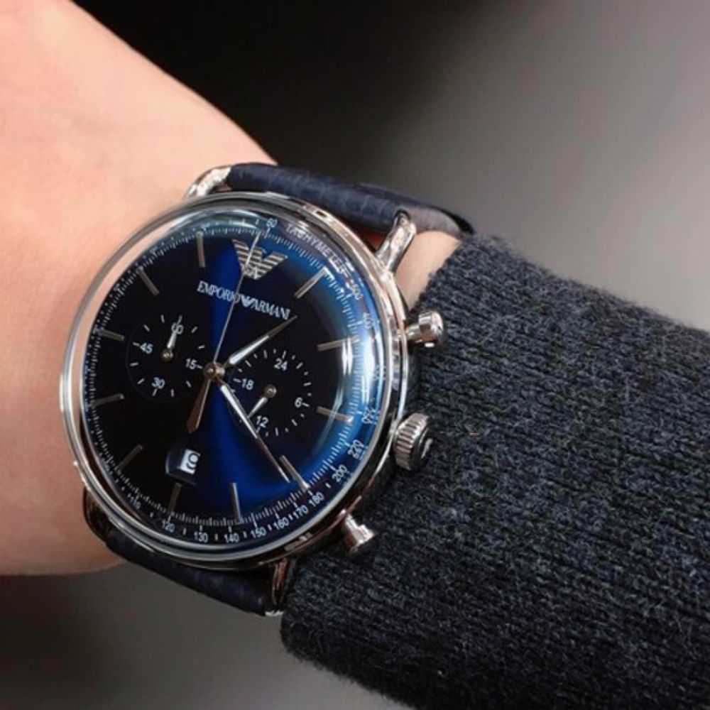 EMPORIO ARMANI AR11105 BLUE LEATHER STRAP MEN’S WATCH - H2 Hub Watches