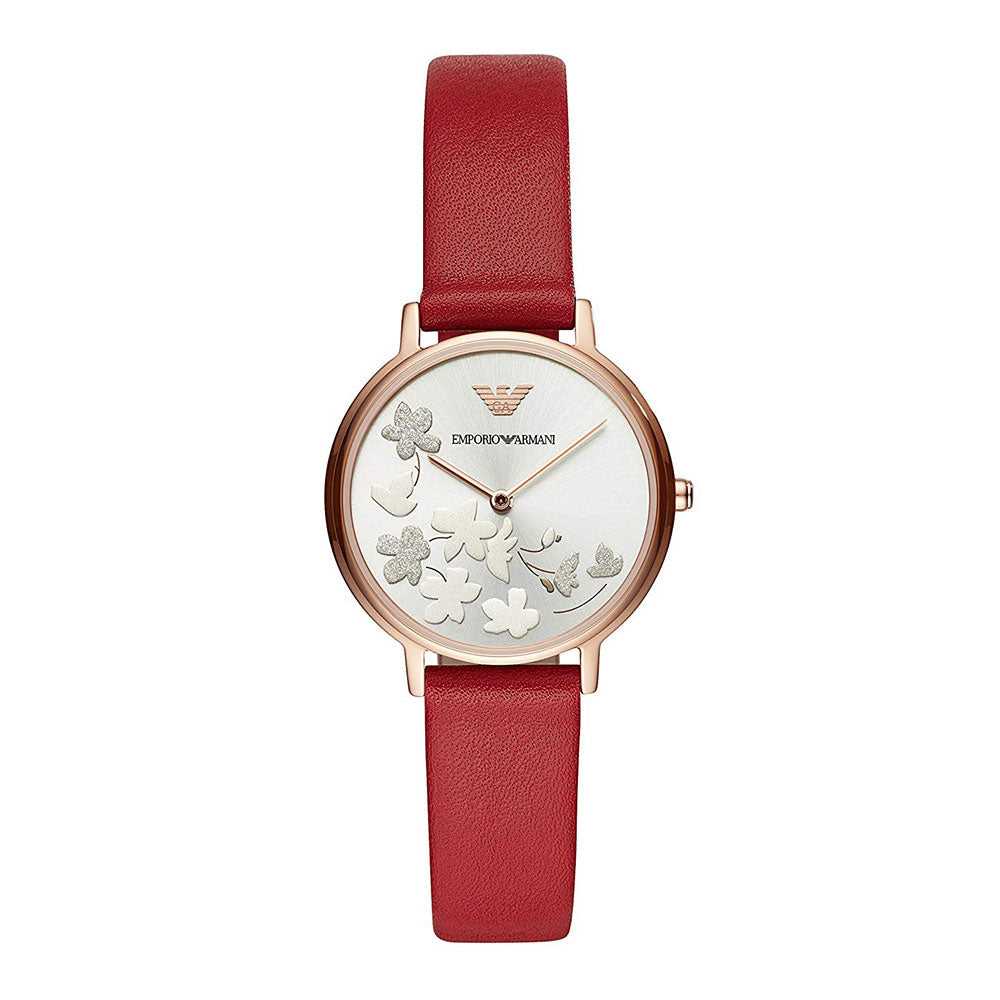 EMPORIO ARMANI ANALOG QUARTZ ROSE GOLD STAINLESS STEEL AR11114 RED LEATHER STRAP WOMEN’S WATCH - H2 Hub Watches