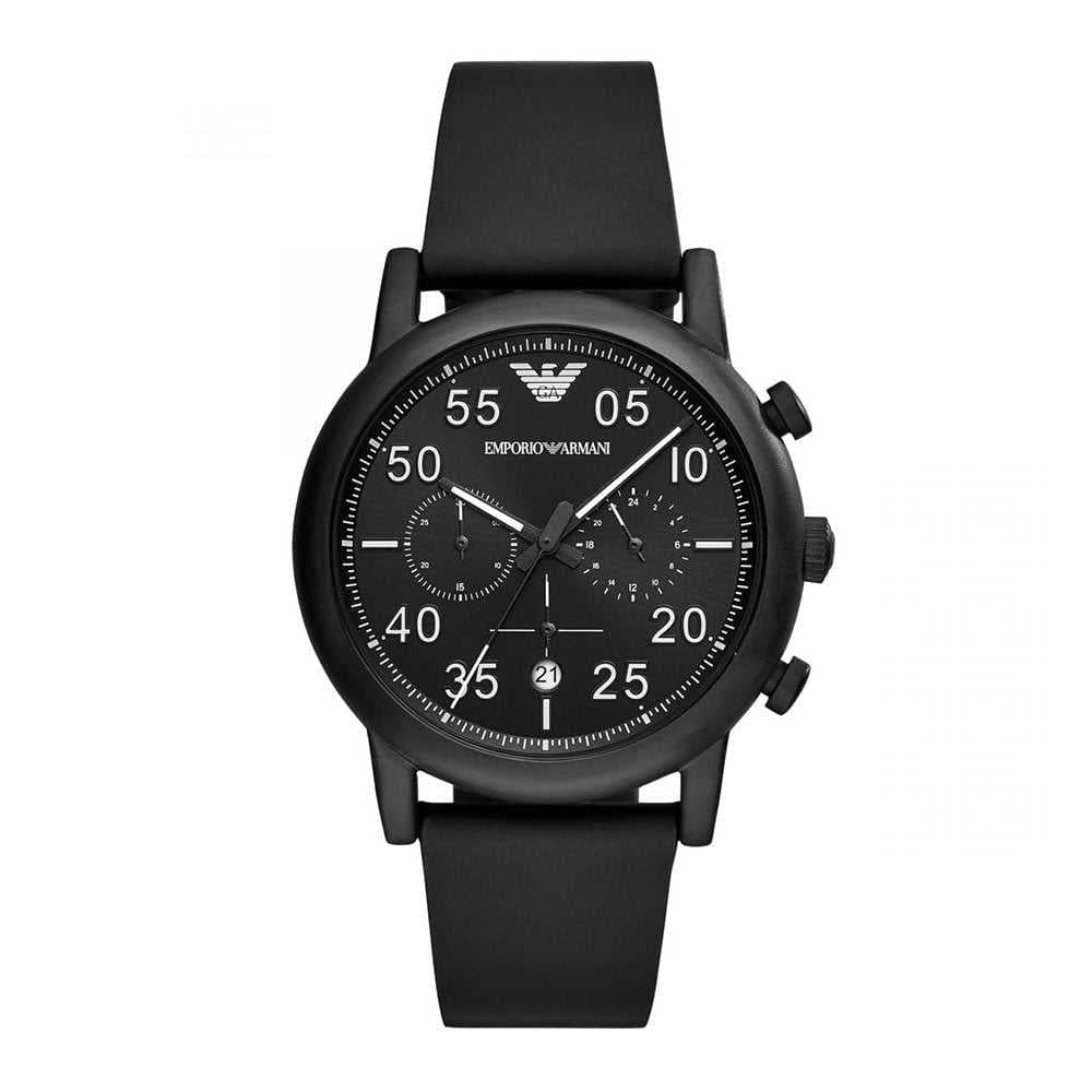 EMPORIO ARMANI CHRONOGRAPH BLACK STAINLESS STEEL AR11133 RUBBER STRAP MEN’S WATCH - H2 Hub Watches