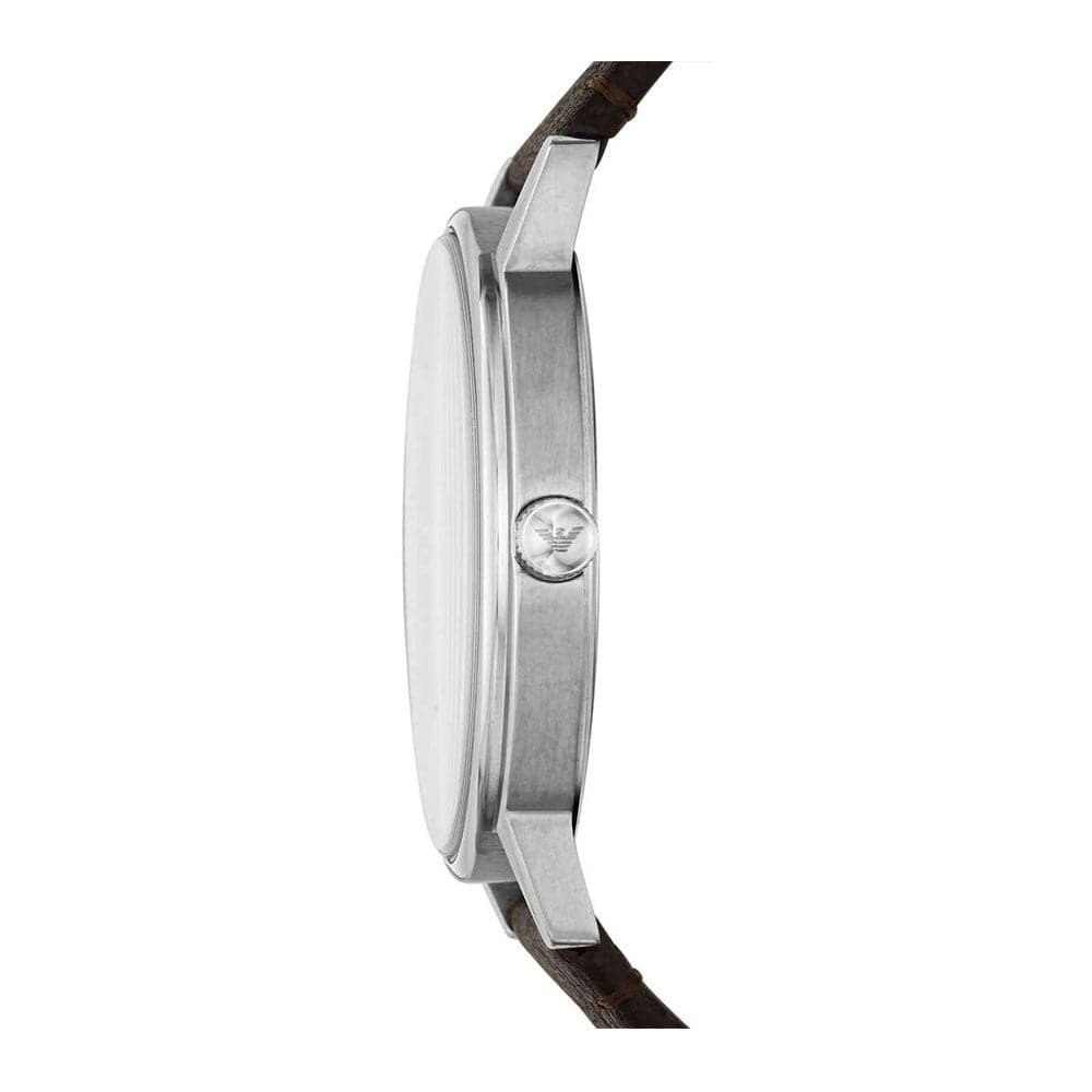 EMPORIO ARMANI KAPPA ANALOG QUARTZ SILVER STAINLESS STEEL AR11153 BROWN LEATHER STRAP MEN'S WATCH - H2 Hub Watches