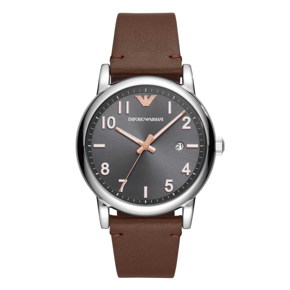 EMPORIO ARMANI ANALOG QUARTZ SILVER STAINLESS STEEL AR11175 BROWN LEATHER STRAP MEN'S WATCH - H2 Hub Watches