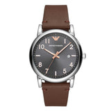 EMPORIO ARMANI ANALOG QUARTZ SILVER STAINLESS STEEL AR11175 BROWN LEATHER STRAP MEN'S WATCH - H2 Hub Watches