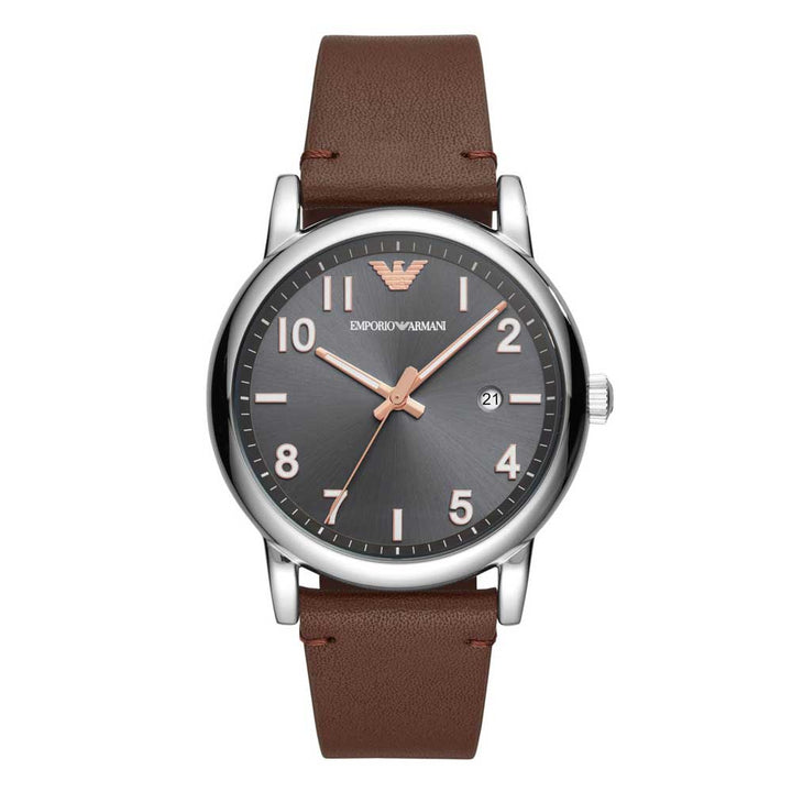 EMPORIO ARMANI ANALOG QUARTZ SILVER STAINLESS STEEL AR11175 BROWN LEATHER STRAP MEN'S WATCH - H2 Hub Watches