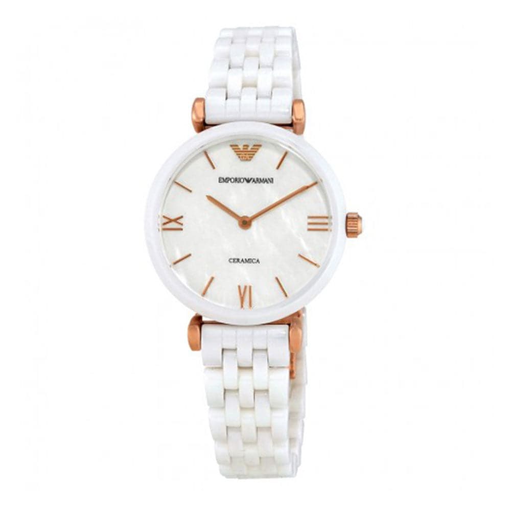 EMPORIO ARMANI CERAMICA ROSE GOLD WHITE CERAMIC AR1486 WOMEN’S WATCH - H2 Hub Watches