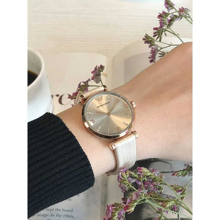 EMPORIO ARMANI RETRO AR1681 BEIGE LEATHER STRAP WOMEN’S WATCH - H2 Hub Watches