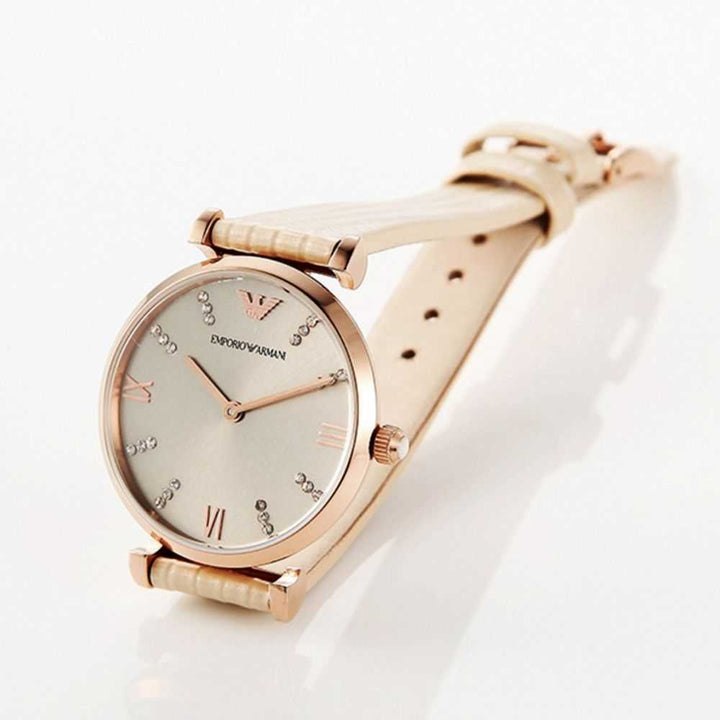 EMPORIO ARMANI RETRO AR1681 BEIGE LEATHER STRAP WOMEN’S WATCH - H2 Hub Watches