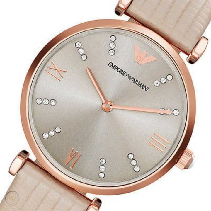 EMPORIO ARMANI RETRO AR1681 BEIGE LEATHER STRAP WOMEN’S WATCH - H2 Hub Watches