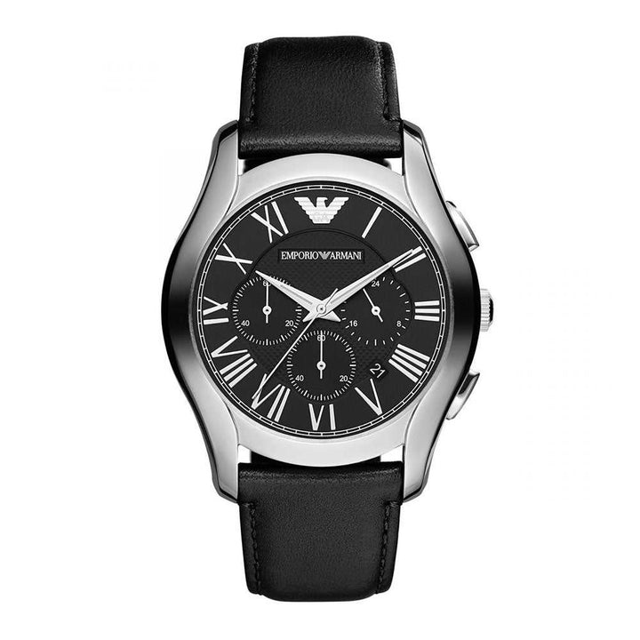 EMPORIO ARMANI CHRONOGRAPH SILVER STAINLESS STEEL AR1700 BLACK LEATHER STRAP MEN’S WATCH - H2 Hub Watches