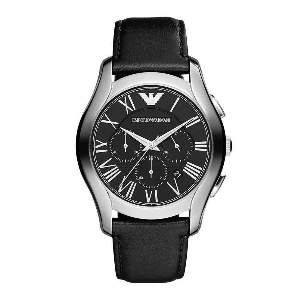 EMPORIO ARMANI CHRONOGRAPH SILVER STAINLESS STEEL AR1700 BLACK LEATHER STRAP MEN’S WATCH - H2 Hub Watches