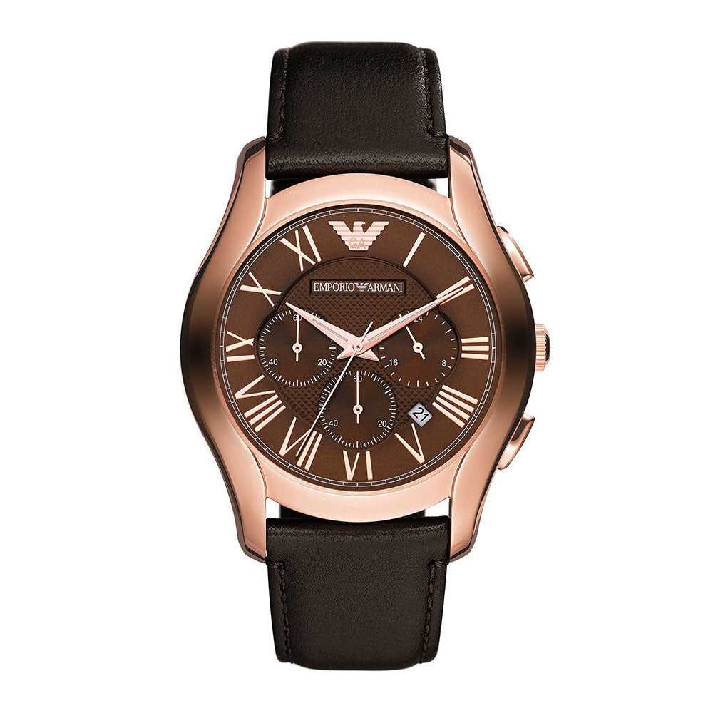 EMPORIO ARMANI CHRONOGRAPH ROSE GOLD STAINLESS STEEL AR1701 BLACK LEATHER STRAP MEN’S WATCH - H2 Hub Watches