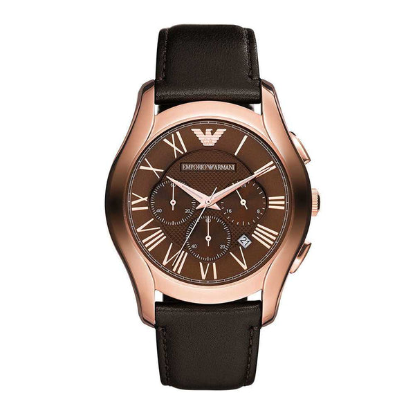 EMPORIO ARMANI CHRONOGRAPH ROSE GOLD STAINLESS STEEL AR1701 BLACK LEATHER STRAP MEN’S WATCH - H2 Hub Watches