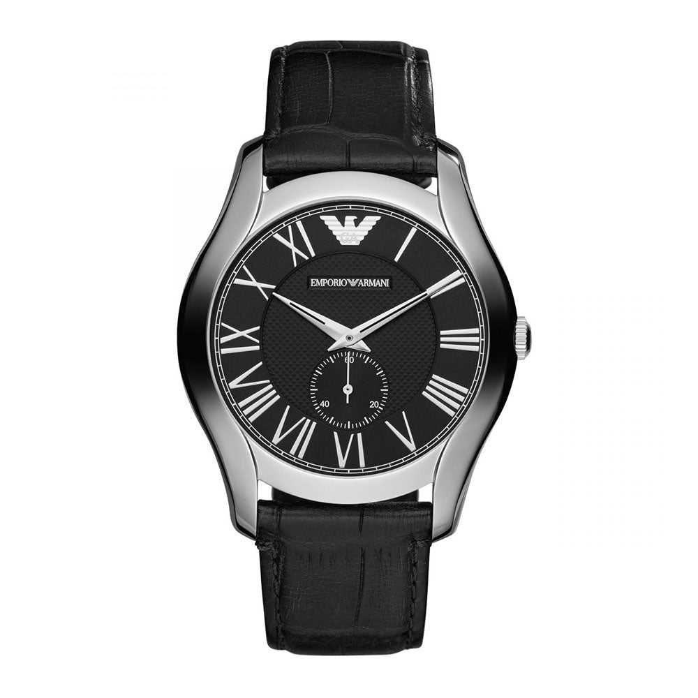 EMPORIO ARMANI ANALOG QUARTZ SILVER STAINLESS STEEL AR1703 BLACK LEATHER STRAP MEN’S WATCH - H2 Hub Watches