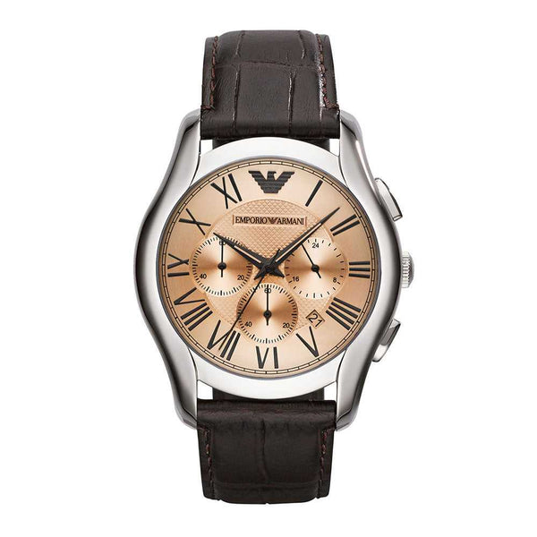 EMPORIO ARMANI CHRONOGRAPH SILVER STAINLESS STEEL AR1785 BROWN LEATHER STRAP MEN’S WATCH - H2 Hub Watches