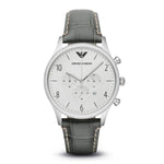 EMPORIO ARMANI CLASSIC CHRONOGRAPH SILVER STAINLESS STEEL AR1861 GREY LEATHER STRAP MEN’S WATCH - H2 Hub Watches