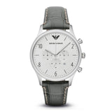EMPORIO ARMANI CLASSIC CHRONOGRAPH SILVER STAINLESS STEEL AR1861 GREY LEATHER STRAP MEN’S WATCH - H2 Hub Watches