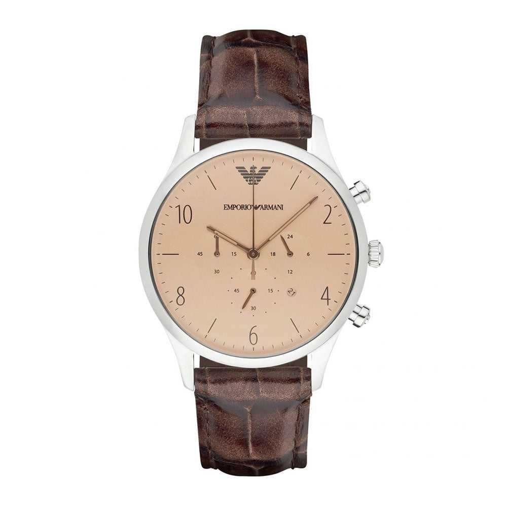 EMPORIO ARMANI CHRONOGRAPH SILVER STAINLESS STEEL AR1878 BROWN LEATHER STRAP MEN’S WATCH - H2 Hub Watches