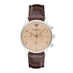 EMPORIO ARMANI CHRONOGRAPH SILVER STAINLESS STEEL AR1878 BROWN LEATHER STRAP MEN’S WATCH - H2 Hub Watches